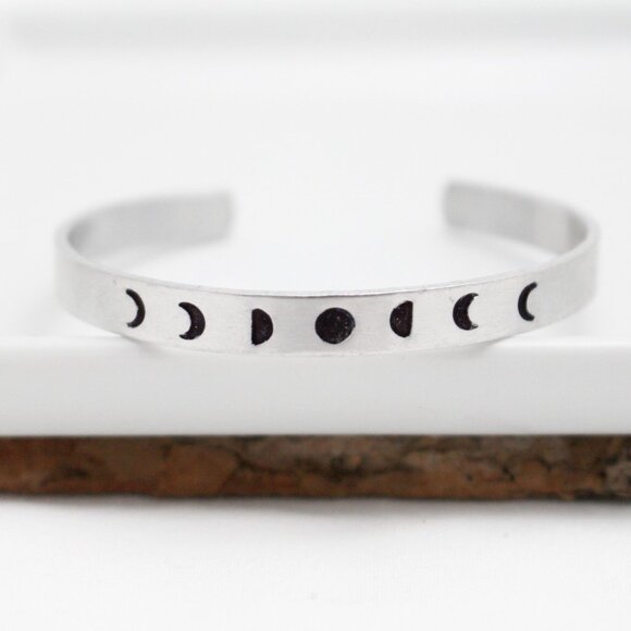 Moon Phases Bangle - Hand Stamped Anodized Aluminum Bangle - Adjustable - Picture 9 of 11